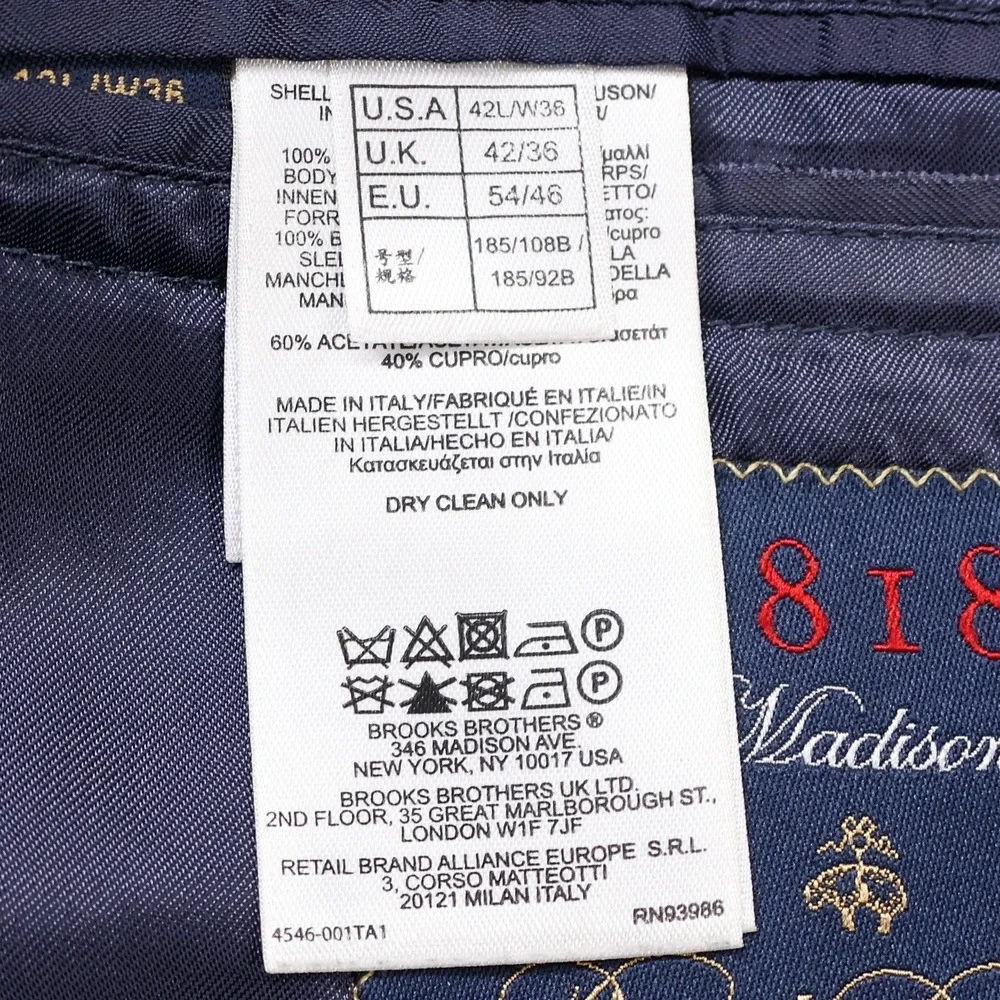Brooks Brothers Madison 1818 Sport Suit Jacket 100% Wool Made in Italy 42L